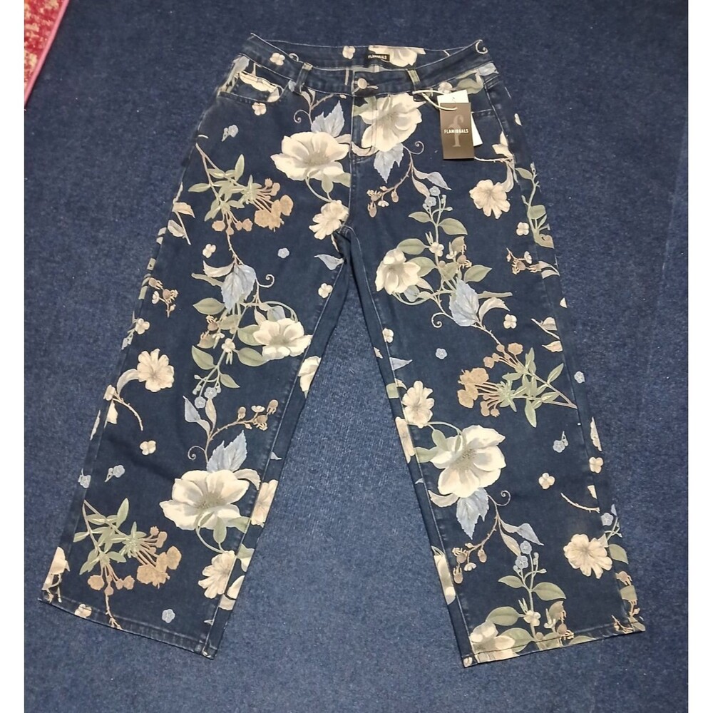 Flamingals Navy Blue with Floral Pattern Wide Leg  XL   NWT